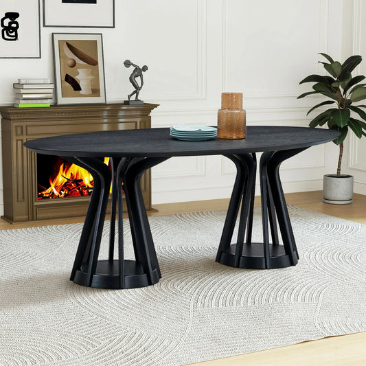 78.74" Ellipse Wooden Dining Table with Pedestal, Walnut/Black